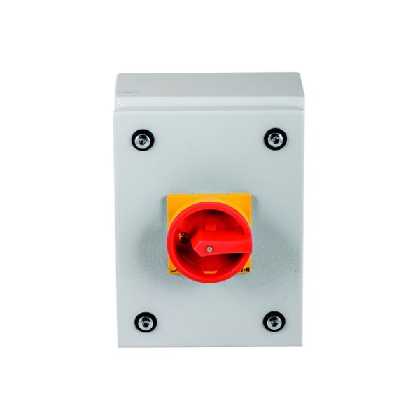 Main switch, P1, 32 A, surface mounting, 3 pole, 1 N/O, 1 N/C, Emergency switching off function, With red rotary handle and yellow locking ring, Locka image 2
