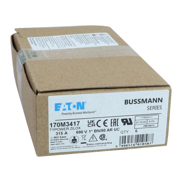 Fuse-link, high speed, 315 A, AC 690 V, compact size 1, 45 x 59 x 51 mm, aR, IEC, UL, single indicator, flush end, M8 image 5