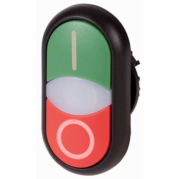 Double actuator pushbutton, RMQ-Titan, Pushbutton actuator I and indicator light flush, pushbutton actuator 0 non-flush, momentary, White lens, green, image 1