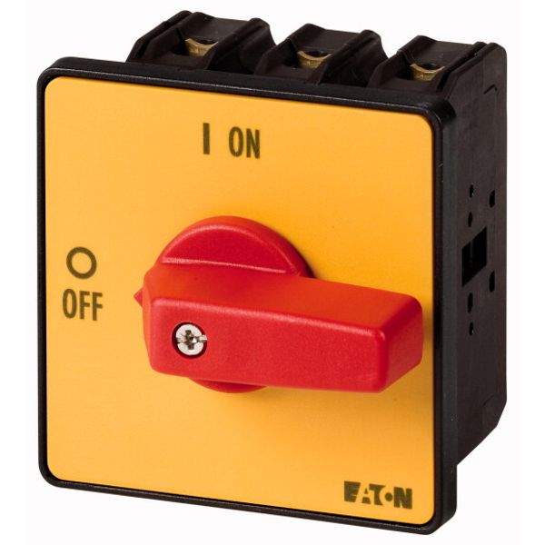 On-Off switch, P3, 63 A, flush mounting, 3 pole + N, Emergency switching off function, with red thumb grip and yellow front plate image 1