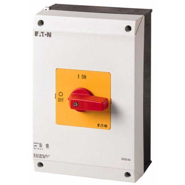 On-Off switch, P3, 100 A, surface mounting, 3 pole, Emergency switching off function, with red thumb grip and yellow front plate, UL/CSA image 1