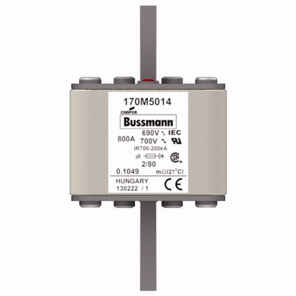 Fuse-link, high speed, 800 A, AC 690 V, DIN 2, 61 x 61 x 108 mm, aR, DIN, IEC, single indicator, 80 mm centres image 1