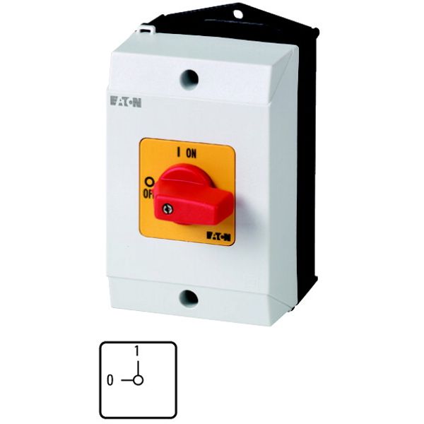 On-Off switch, T0, 20 A, surface mounting, 1 contact unit(s), 1 pole, Emergency switching off function, with red thumb grip and yellow front plate image 1
