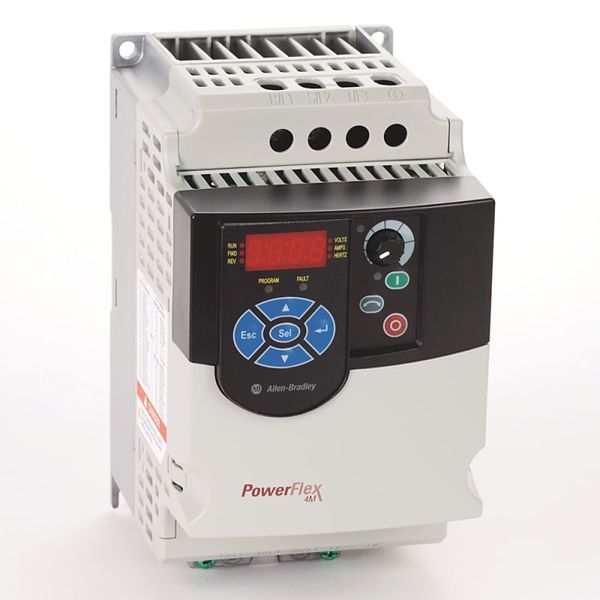 AC Drive, 3.7 kW (5 HP), 240 VAC input, 3 PH, 50-60 Hz, 17.5 A output, IP20, UL-NEMA Open Type, Panel Mount, IGBT Brake Bypass, B Frame, 0.98 PF, Integrated Keypad with Potentiometer and LED Display, RS485, Hardwired Terminal Strip Connections. image 1