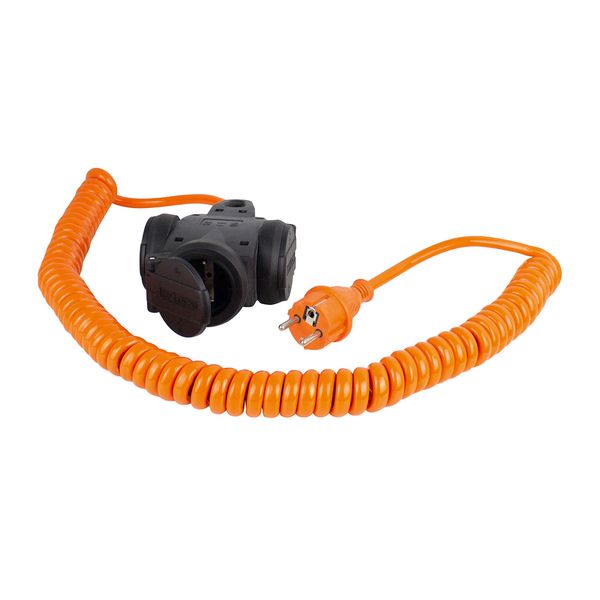 'Spiral polyurethane cable extension expandable 5 times from 1m up to 5m  with 3-way rubber socket outlet H07BQ-F 3G1,5 orange' image 1