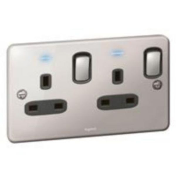 Synergy™ Authentic - 2 gang switched double pole BS socket outlet 13A + blue led power indicator - Polished Stainless steel image 1