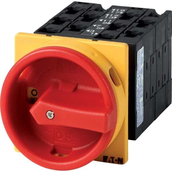 Main switch, T3, 32 A, flush mounting, 5 contact unit(s), 9-pole, Emergency switching off function, With red rotary handle and yellow locking ring image 1