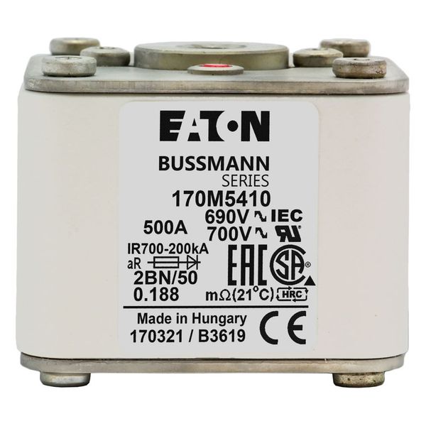 Fuse-link, high speed, 500 A, AC 690 V, size 2, 61 x 77 x 51 mm, aR, IEC, UL, single indicator, flush end, M10 image 5