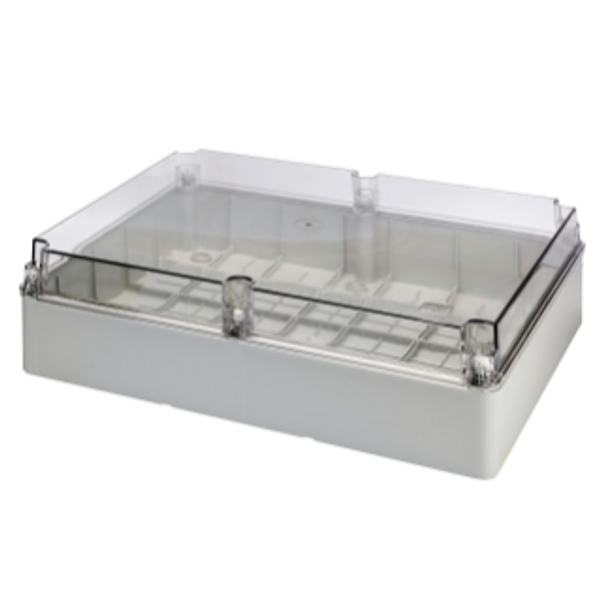BOX FOR JUNCTIONS AND FOR ELECTRIC AND ELECTRONIC EQUIPMENT - WITH TRANSPARENT PLAIN  LID - IP56 - INTERNAL DIMENSIONS 460X380X120 - WITH SMOOTH WALLS image 1