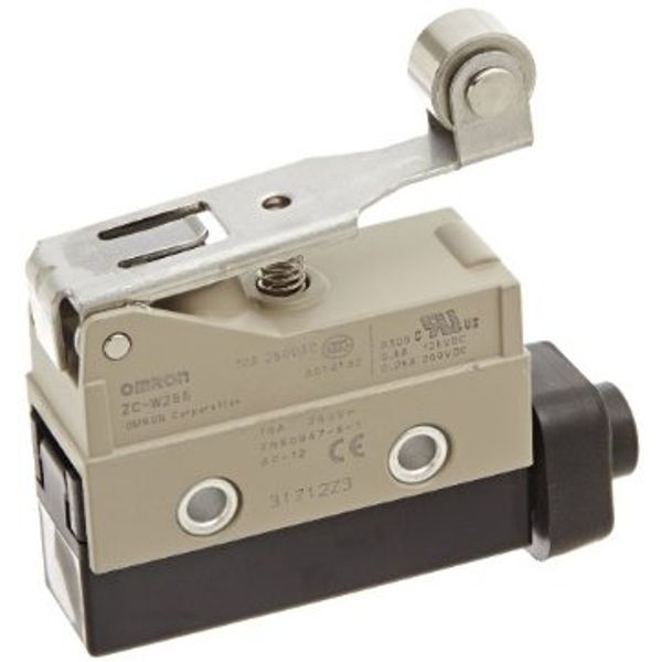Enclosed basic switch, short hinge roller lever, SPDT, 15A image 1