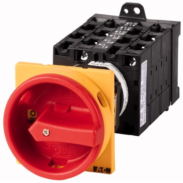 Main switch, T3, 32 A, rear mounting, 6 contact unit(s), 12-pole, Emergency switching off function, With red rotary handle and yellow locking ring image 1