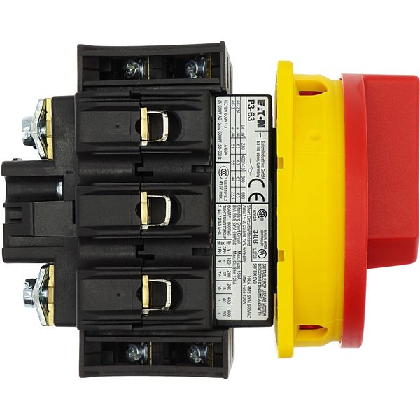 Main switch, P3, 63 A, flush mounting, 3 pole, 2 N/O, 2 N/C, Emergency switching off function, With red rotary handle and yellow locking ring image 24