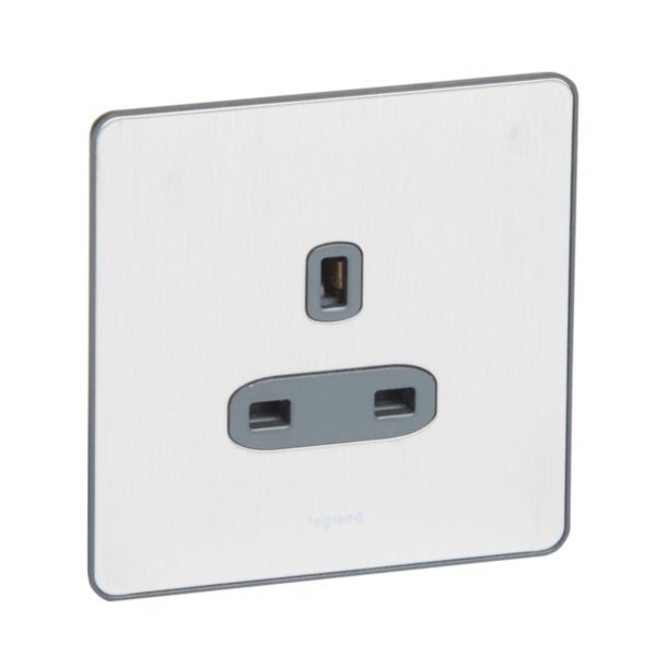 Synergy Sleek 1 Gang 13A Unswitched Socket Outlet Brushed Stainless Steel image 1