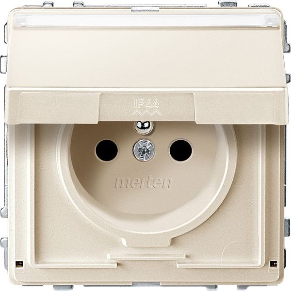 Socket with protective contact pin and hinged cover and labeling field screw-lift terminals, white, AQUADESIGN image 1