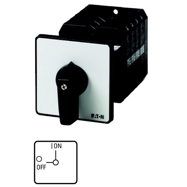 On-Off switch, T5, 100 A, rear mounting, 3 contact unit(s), 3 pole + N, 1 N/O, 1 N/C, with black thumb grip and front plate image 1