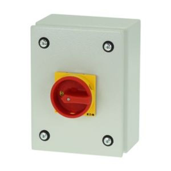 Main switch, P1, 40 A, surface mounting, 3 pole + N, Emergency switching off function, With red rotary handle and yellow locking ring, Lockable in the image 4