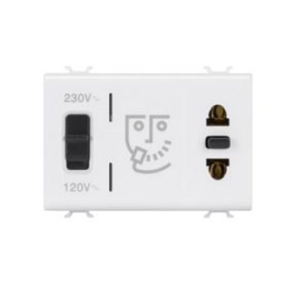 EURO-AMERICAN STANDARD SHAVER SOCKET-OUTLET WITH INSULATION TRANSFORMER - 230V ac - 50/60 Hz - 3 MODULES - GLOSSY WHITE - ANTIBACTERIAL - CHORUSMART image 1