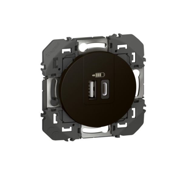 Dual USB Type-A + Type-C dooxie 3A 15W black finish socket, to be fitted with a finishing plate - blister packaging image 1