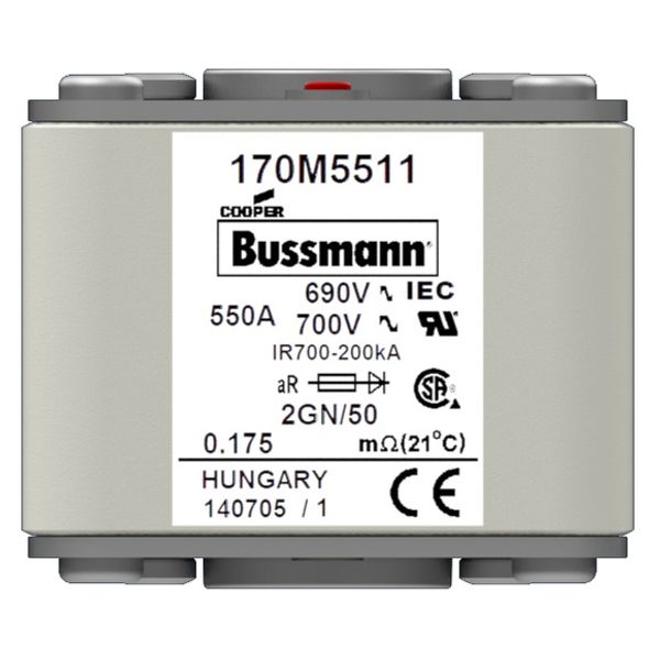 Fuse-link, high speed, 550 A, AC 690 V, size 2, 61 x 77 x 51 mm, aR, IEC, UL, single indicator, flush end, 16 UNC image 8