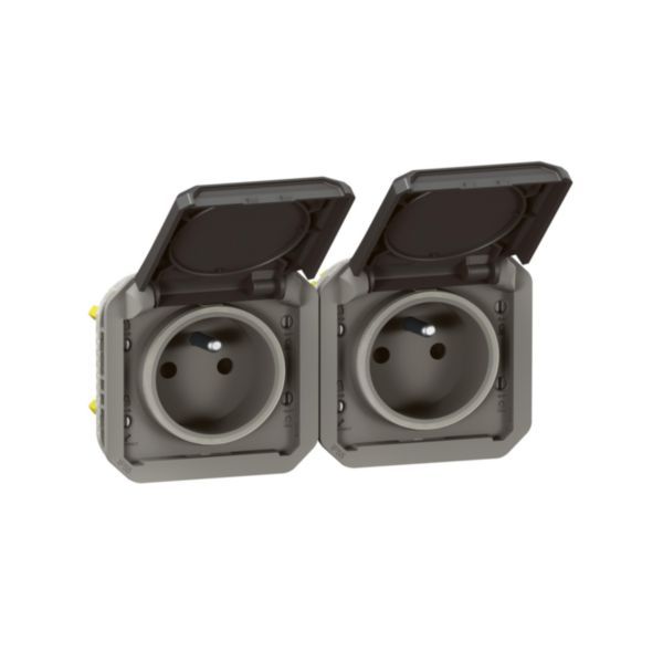 069842L Double pre-wired power socket 2x2P+E horizontal waterproof Plexo 16A 250V IP55 2 positions with anthracite bezels image 1