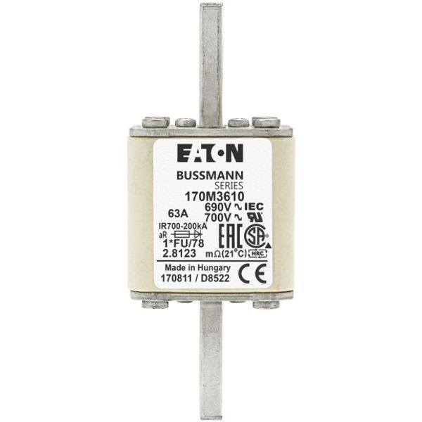 Fuse-link, high speed, 63 A, AC 690 V, compact size 1, 45 x 45 x 110 mm, aR, IEC, UL image 2