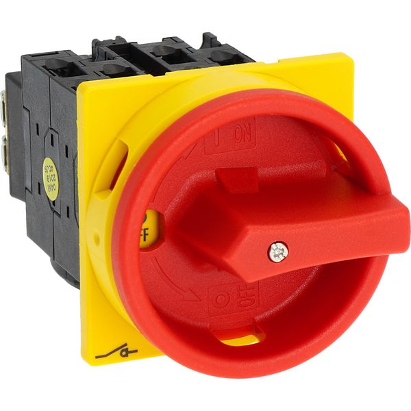 Main switch, T0, 20 A, flush mounting, 3 contact unit(s), 3 pole, 2 N/O, 1 N/C, Emergency switching off function, With red rotary handle and yellow lo image 38