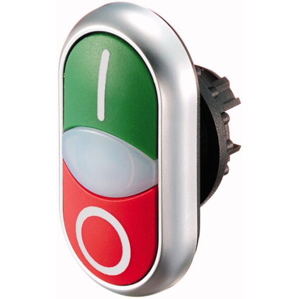 Double actuator pushbutton, RMQ-Titan, Actuators and indicator lights non-flush, momentary, White lens, green, red, inscribed, Bezel: titanium image 1
