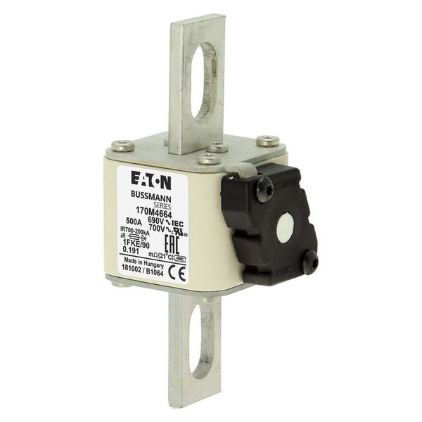 Fuse-link, high speed, 500 A, AC 690 V, size 1, 53 x 69 x 136 mm, aR, IEC, UL, type K indicator, 90 mm centers image 2