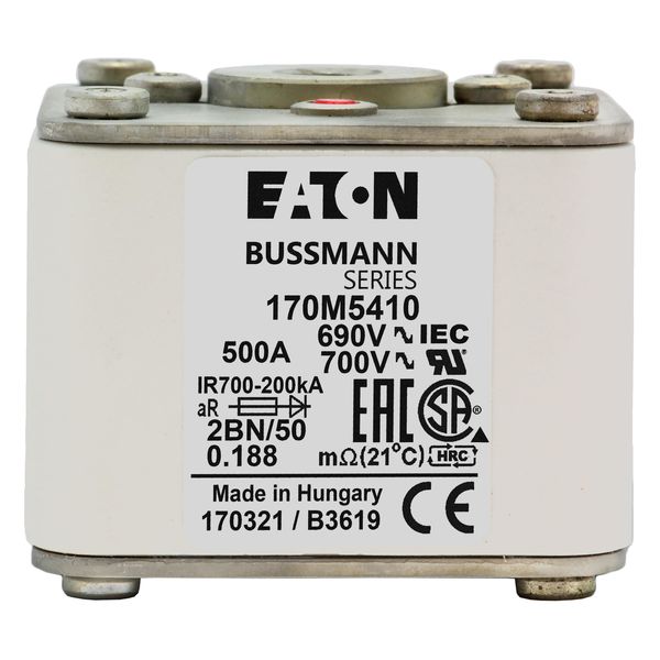 Fuse-link, high speed, 500 A, AC 690 V, size 2, 61 x 77 x 51 mm, aR, IEC, UL, single indicator, flush end, M10 image 14