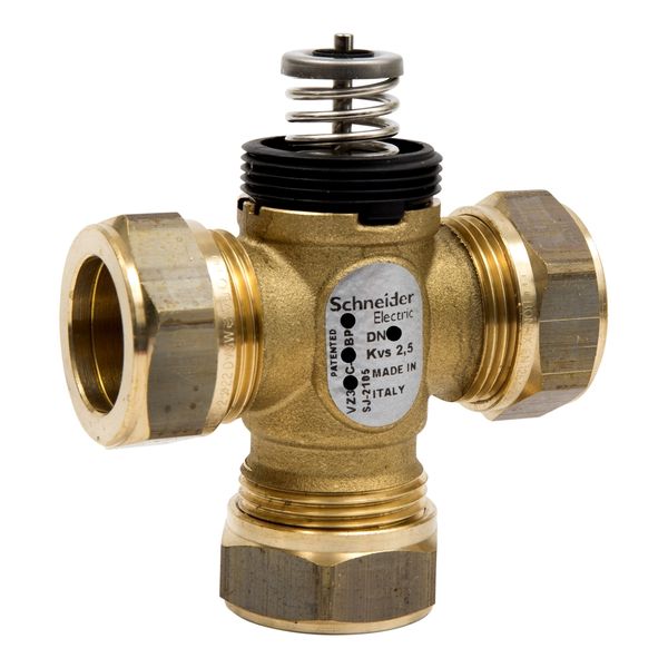 VZ308C Zone Valve, 3-Way, PN16, DN20, 22 mm O/D Compression, Kvs 2.5 m³/h, M30 Actuator Connection, 2.5 mm Stroke, Stem Up Closed image 1