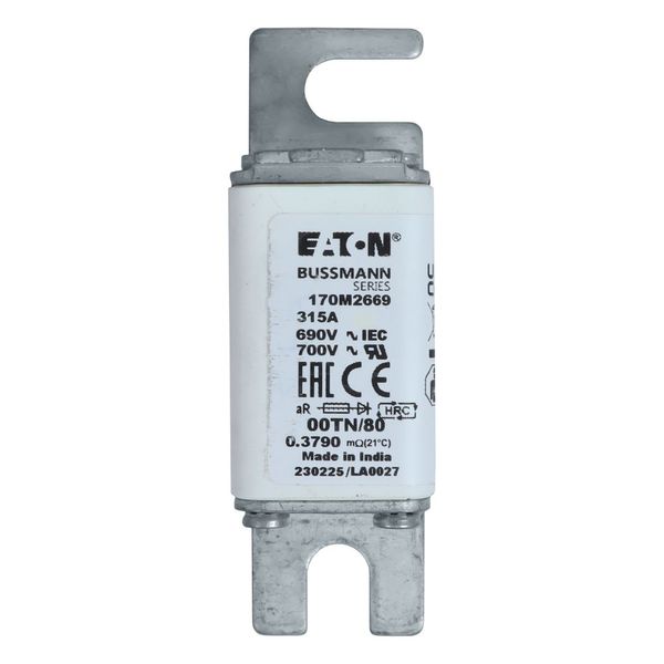 Fuse-link, high speed, 315 A, AC 690 V, DIN 00, aR, DIN, IEC, single indicator, live gripping lugs image 8