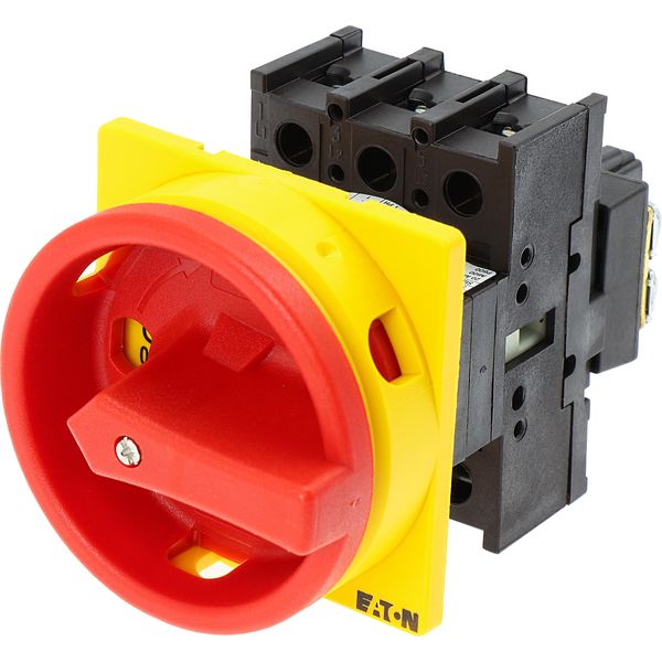 Main switch, P1, 25 A, flush mounting, 3 pole, Emergency switching off function, With red rotary handle and yellow locking ring, Lockable in the 0 (Of image 11