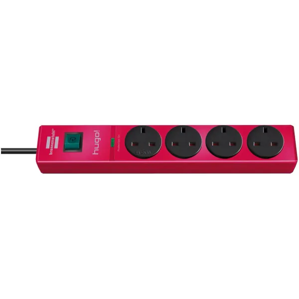 hugo! extension lead with surge protection 19.500A 4-way rubin red 2m H05VV-F3G1,25 *GB* image 1
