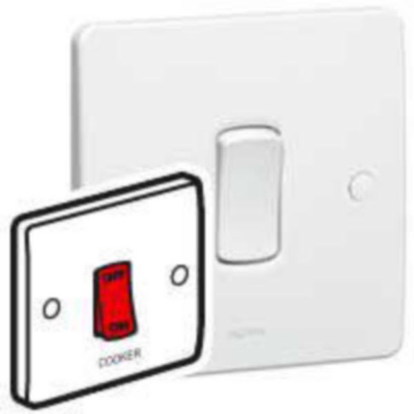 Synergy 45A Double Pole Control Switch with Red Rocker Marked "COOKER" White image 1