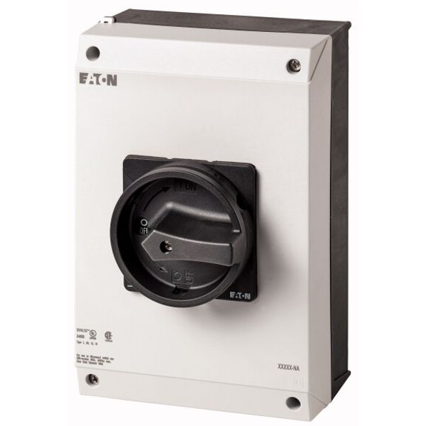 Main switch, P3, 100 A, surface mounting, 3 pole, STOP function, With black rotary handle and locking ring, UL/CSA image 1