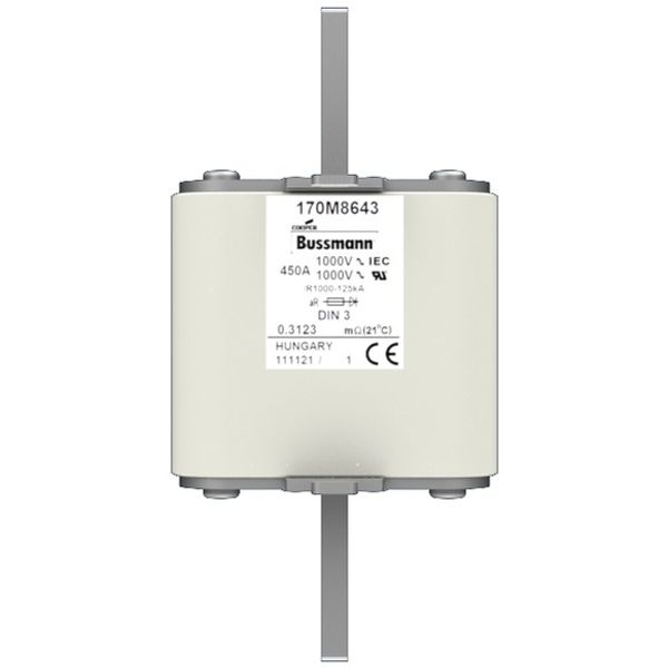 Fuse-link, high speed, 450 A, AC 1000 V, DIN 3, 90 x 75 x 150 mm, aR, DIN, IEC, single indicator image 1