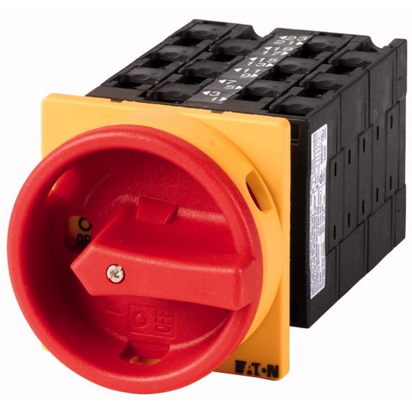 Main switch, T3, 32 A, flush mounting, 6 contact unit(s), 12-pole, Emergency switching off function, With red rotary handle and yellow locking ring image 1