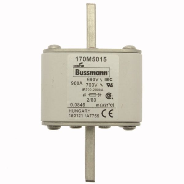 Fuse-link, high speed, 900 A, AC 690 V, DIN 2, 61 x 61 x 108 mm, aR, DIN, IEC, single indicator, 80 mm centres image 1