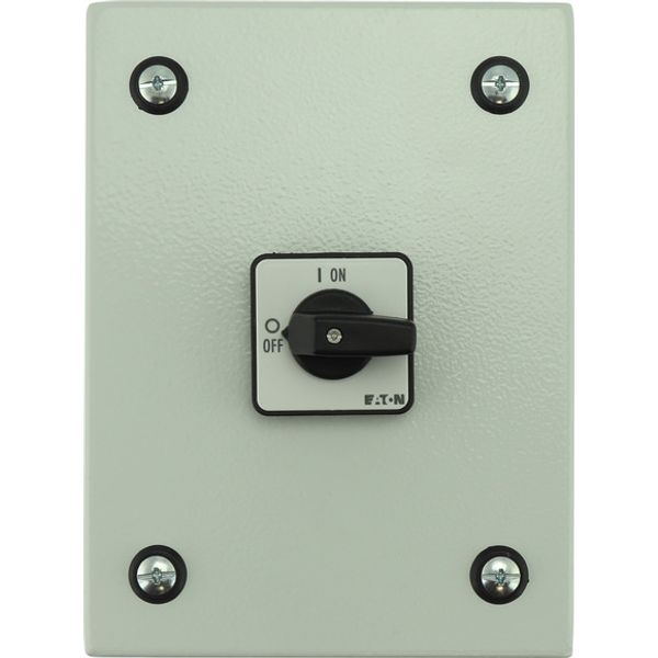 On-Off switch, P1, 40 A, 3 pole, surface mounting, with black thumb grip and front plate, in steel enclosure image 1