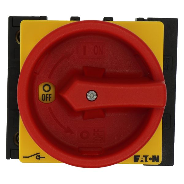 Main switch, P1, 40 A, flush mounting, 3 pole + N, 1 N/O, 1 N/C, Emergency switching off function, With red rotary handle and yellow locking ring, Loc image 18