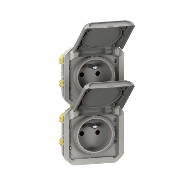 Double pre-wired power socket 2x2P+E horizontal waterproof Plexo 16A 250V IP55 2 positions with gray finish bezels image 1