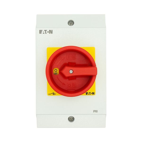 Main switch, T3, 32 A, surface mounting, 3 contact unit(s), 3 pole + N, 1 N/O, 1 N/C, Emergency switching off function, With red rotary handle and yel image 44