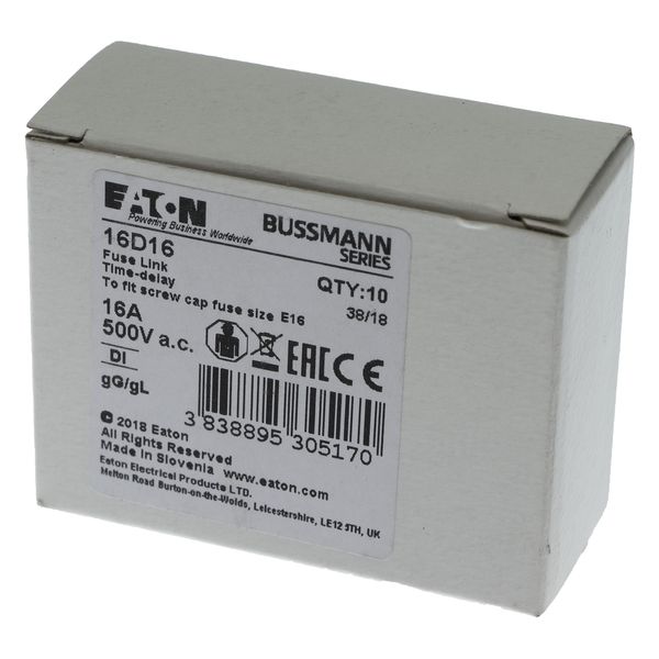 Fuse-link, LV, 16 A, AC 500 V, D1, gL/gG, IEC, time-delay image 18