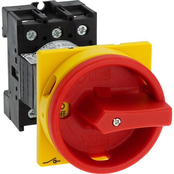 Main switch, P1, 25 A, rear mounting, 3 pole, Emergency switching off function, With red rotary handle and yellow locking ring, Lockable in the 0 (Off image 22