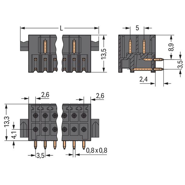 THR male header, 2-row 0.8 x 0.8 mm solder pin angled black image 3