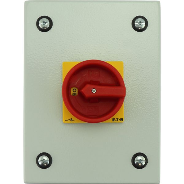 Main switch, P1, 40 A, surface mounting, 3 pole, 1 N/O, 1 N/C, Emergency switching off function, With red rotary handle and yellow locking ring, Locka image 1