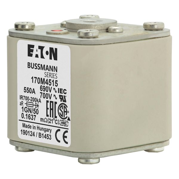 Fuse-link, high speed, 550 A, AC 690 V, size 1, 53 x 69 x 51 mm, aR, IEC, UL, single indicator, flush end, 18 UNC image 13