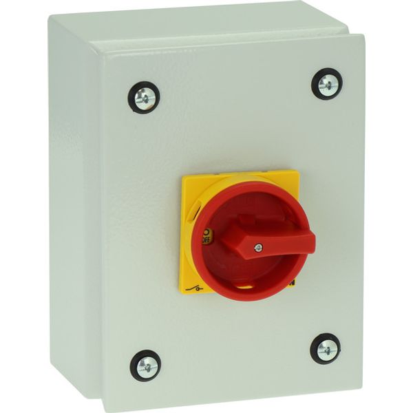 Main switch, P1, 40 A, surface mounting, 3 pole + N, Emergency switching off function, With red rotary handle and yellow locking ring, Lockable in the image 2