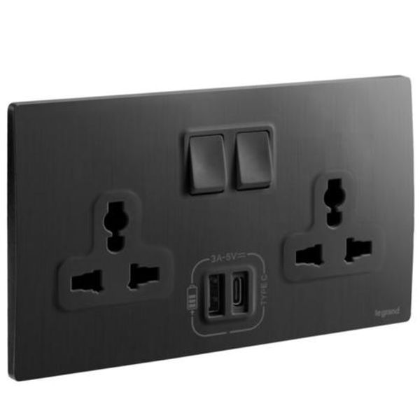 2G MULTISTANDARD SWITCHED SOCKET + USB TYPE A+C 3A BRUSHED BLACK image 1