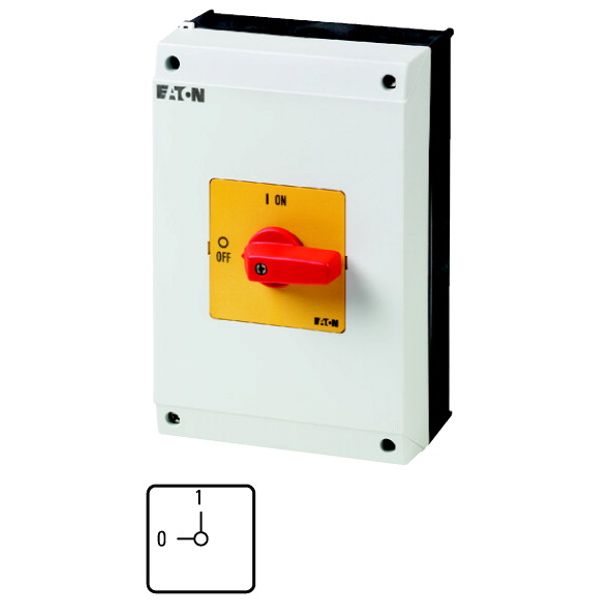 On-Off switch, P3, 63 A, surface mounting, 3 pole, Emergency switching off function, with red thumb grip and yellow front plate image 1